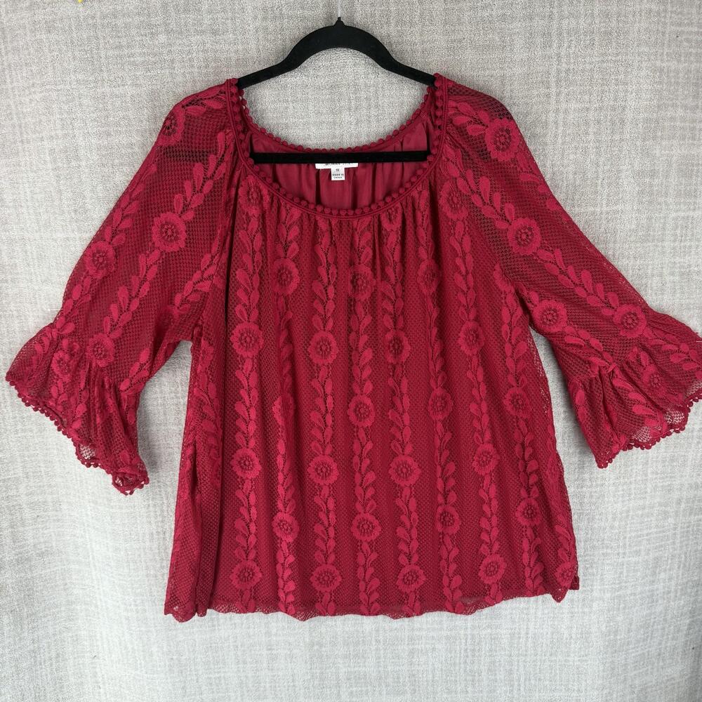 STUDIO WOMAN JPR Blouse Womens 1X Red Tunic Bell Sleeve Crochet Hawaiian Lace